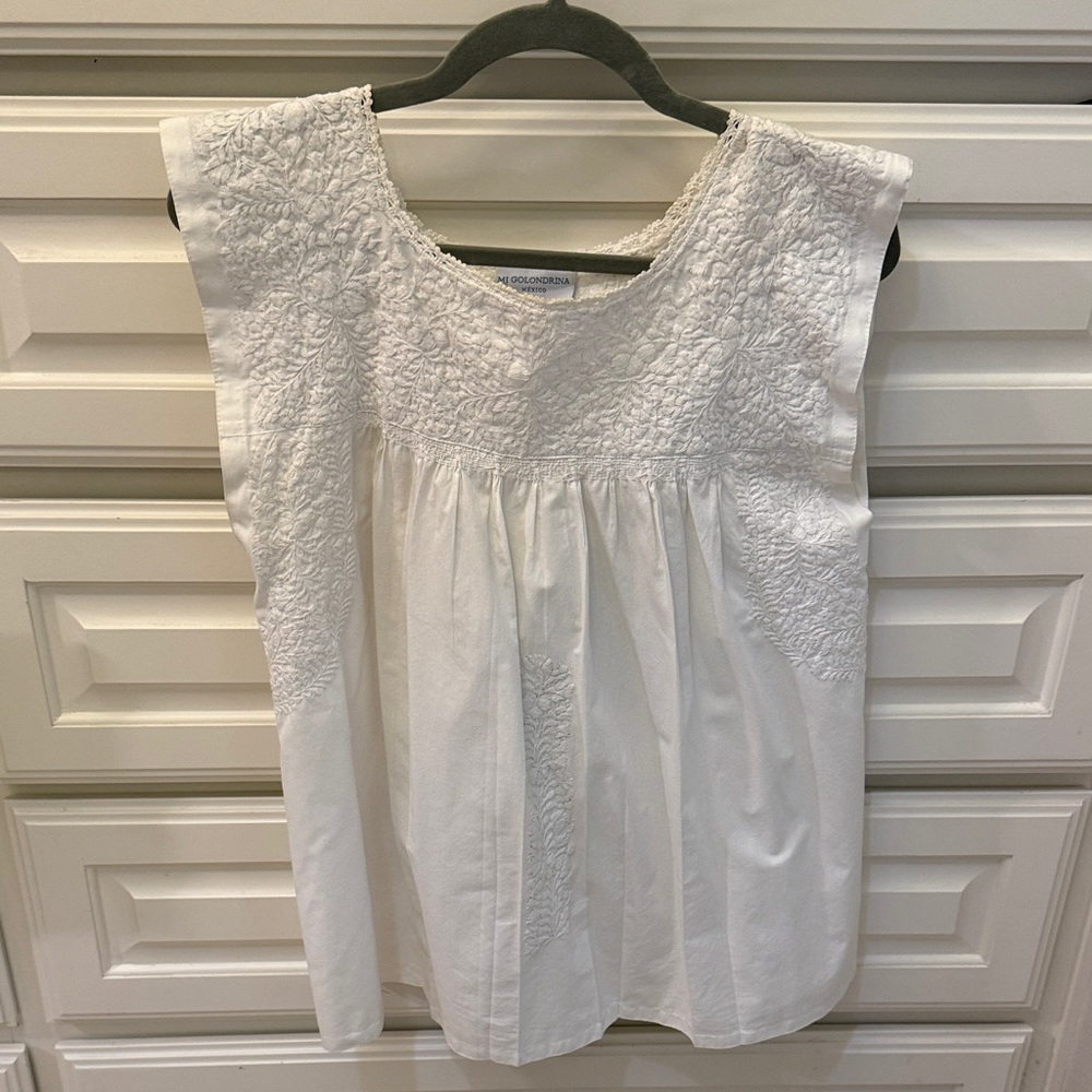 Mi Golondrina Flores Blouse, White on White, Medium
